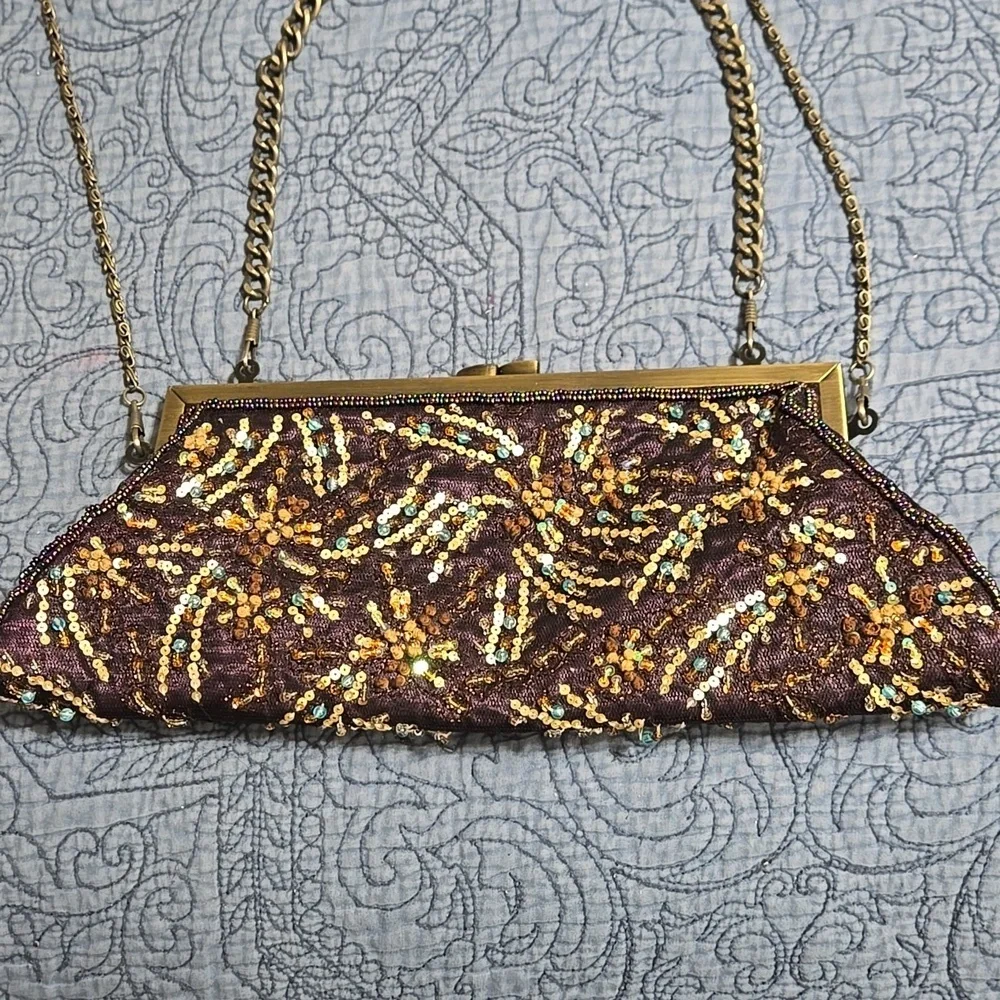 Purple Beaded and Sequin Clutch Bag